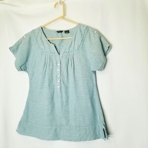 Eddie Bauer lightweight light blue tab sleeves Henley‎ type Petite Small EUC